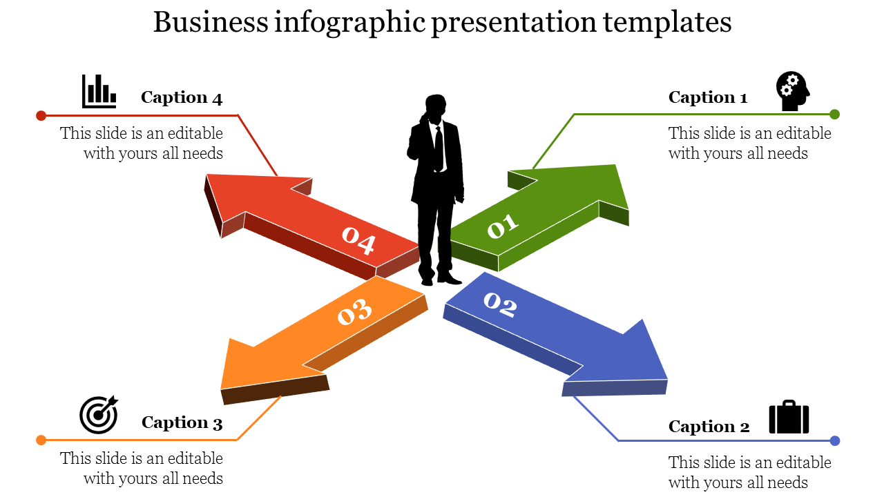 Business infographic slide with four 3D arrows in green, blue, orange, and red pointing outward from a central figure.