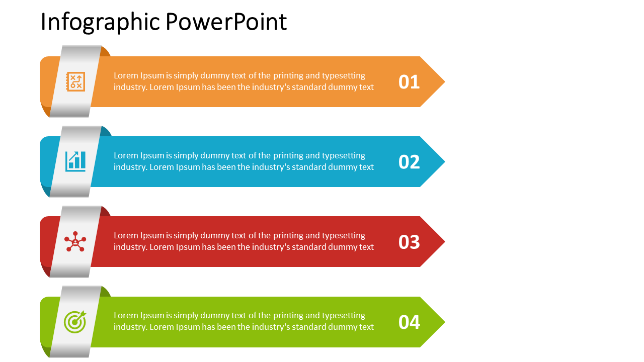 A professional infographic slide design with orange, blue, red, and green arrows, each accompanied by an icon and text.