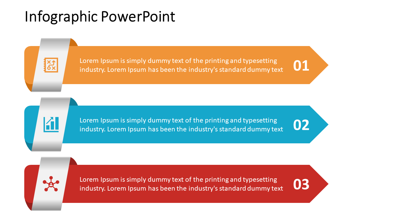 A colorful infographic slide with three arrows, each labeled with a number and an icon, representing distinct stages.