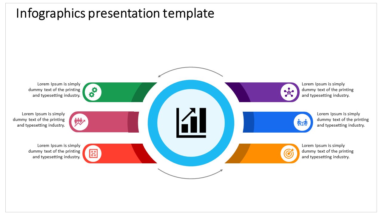 Infographic PowerPoint template with six colorful sections surrounding a central chart icon with placeholder text.