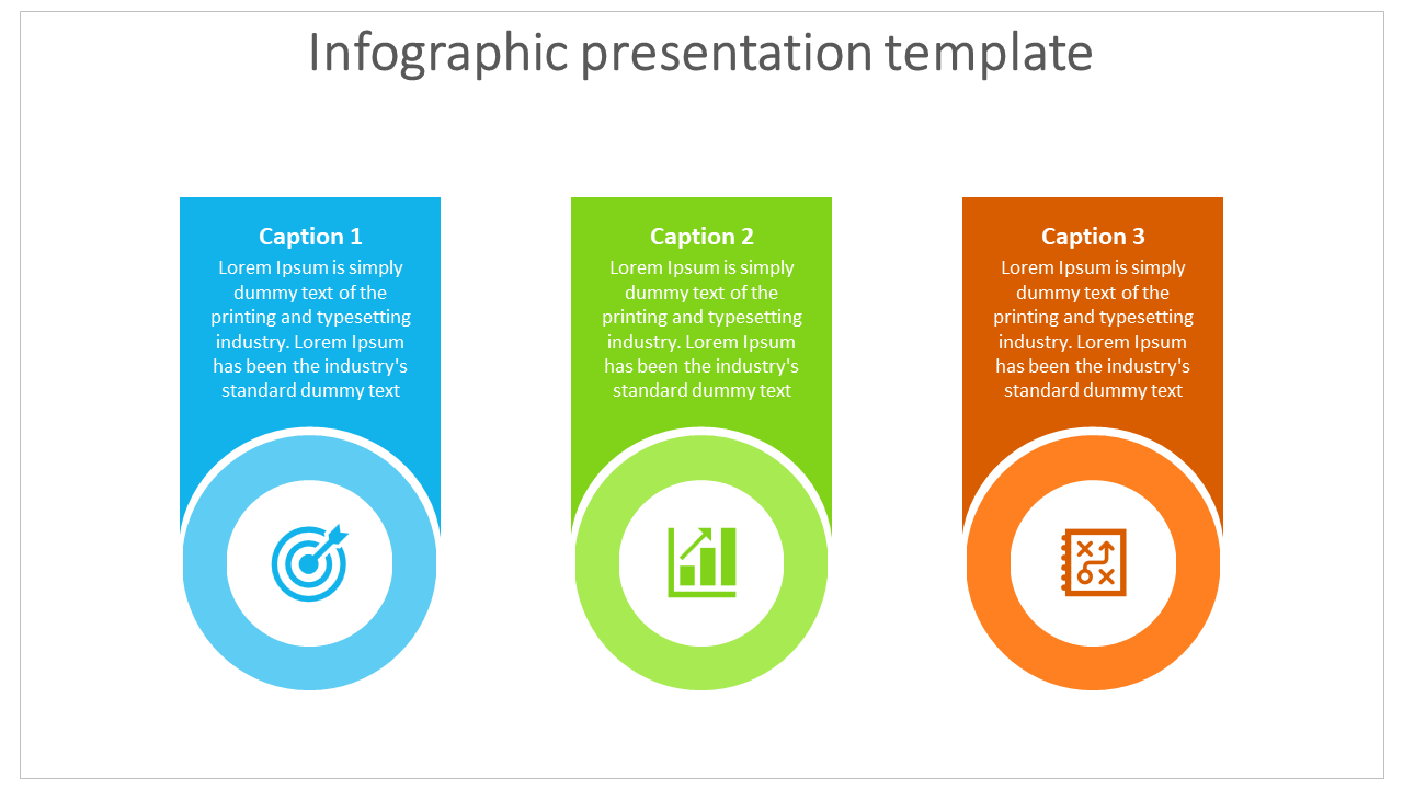 Infographic slide with three colored sections each with icons representing a target, a bar chart, and a list with checkboxes.