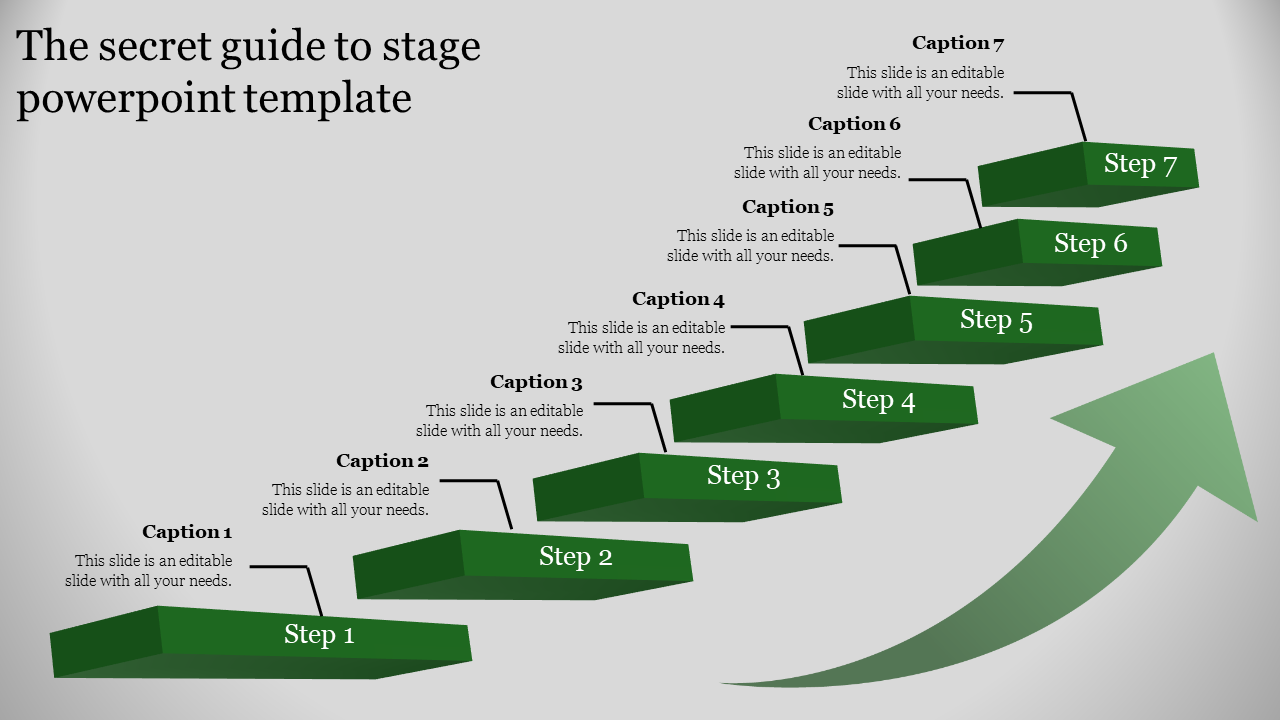 A staircase with seven green steps labeled from 1 to 7, paired with captions and a rising arrow symbol.