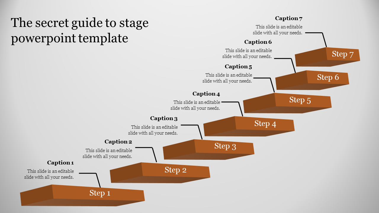 3D stage diagram with seven ascending brown steps labeled with seven steps, connected to captions areas.