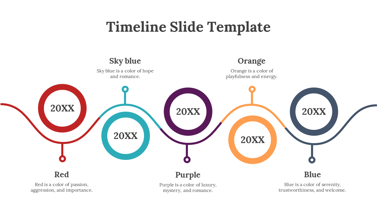 Timeline infographic with four colorful circular nodes labeled '20XX' in red, sky blue, purple, and orange.