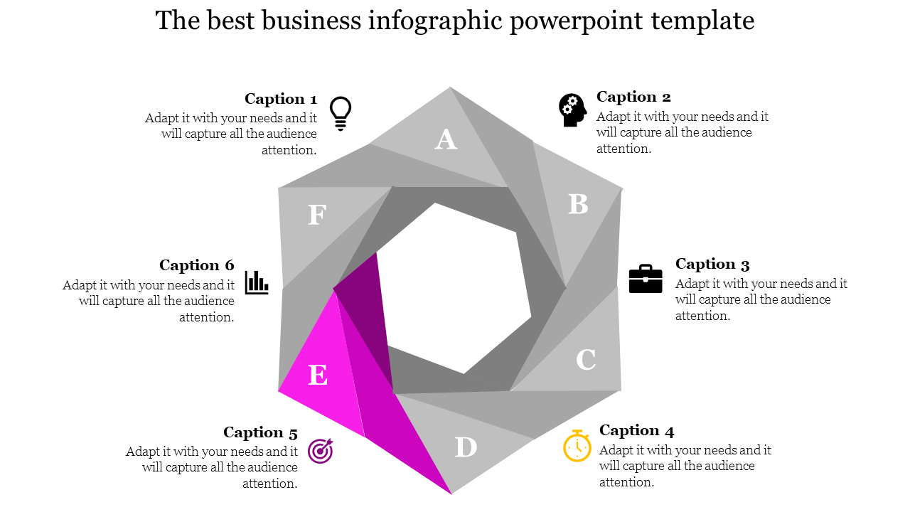 Hexagonal infographic design with six gray layers, labeled sections, and a bright pink highlight on one segment.