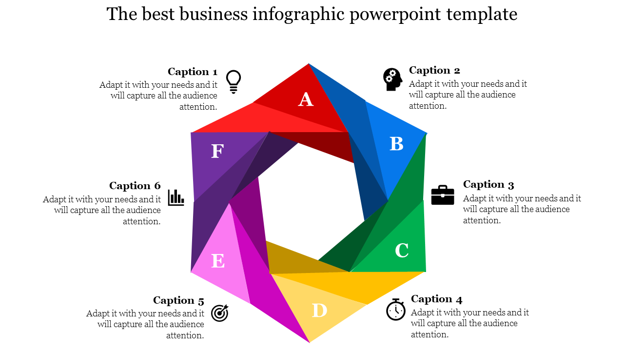 Multicolored polygonal infographic with six sections labeled A to F, featuring captions and icons arranged around it.