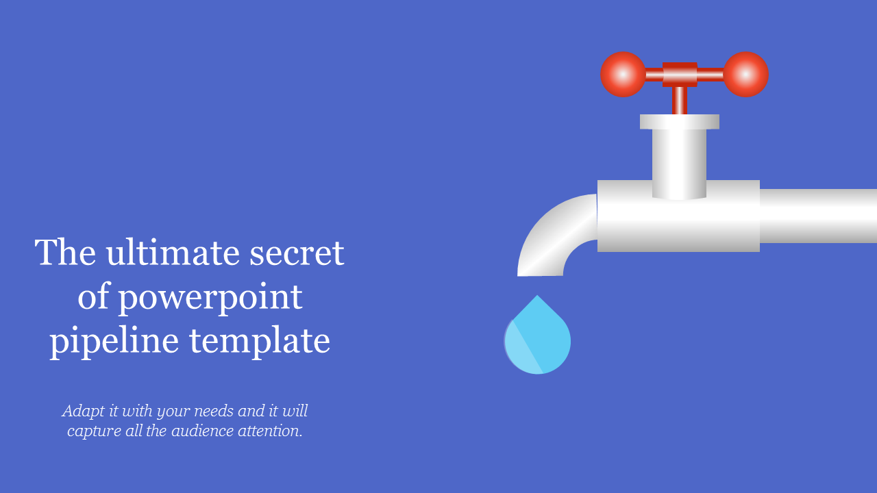 Pipeline design with a red valve handle releasing a single water droplet on a solid blue backdrop.