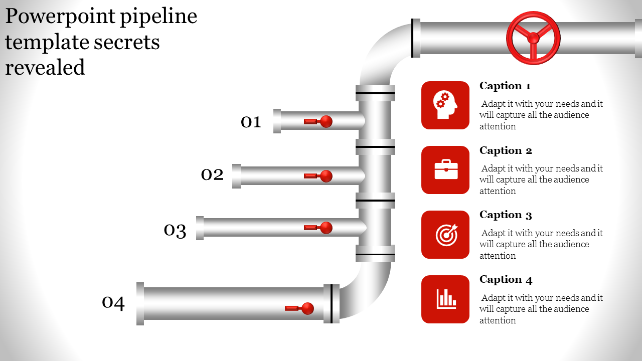 Silver pipeline diagram with four numbered horizontal pipes on the left and red icons with captions aligned vertically.