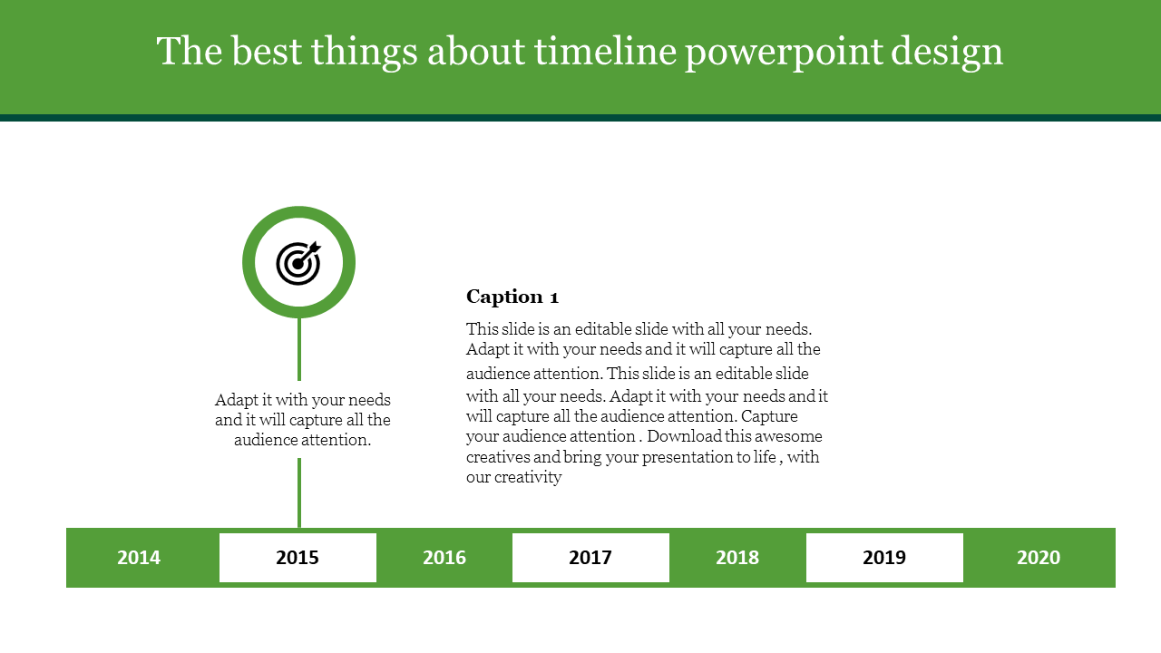 Timeline with green segments for years 2014–2020, featuring a target icon and caption aligned with 2015.