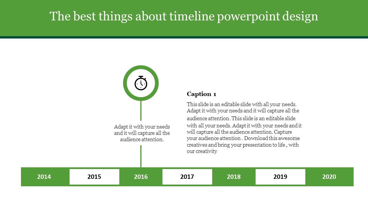 Horizontal timeline with green blocks for years 2014 to 2020, highlighting 2016 with a stopwatch icon and caption box.