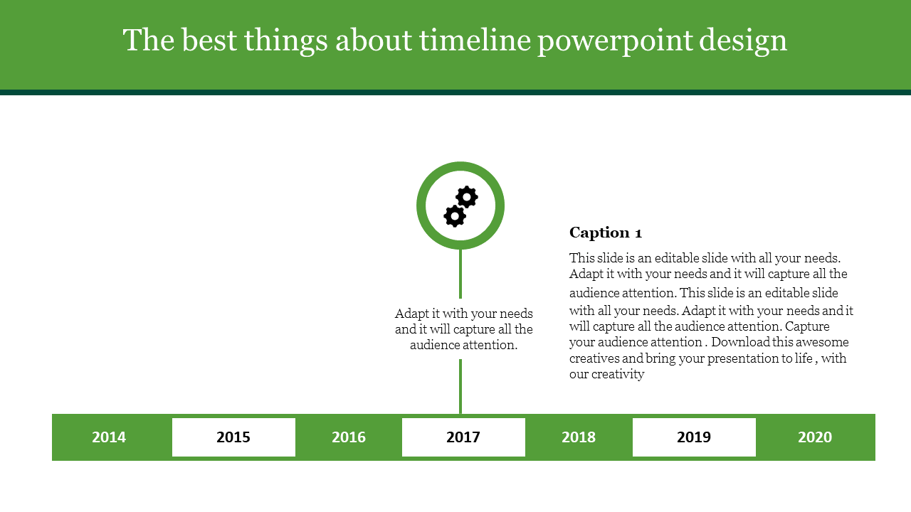 Horizontal timeline with green and white year from 2014 to 2020, featuring a circular gear icon above the year 2017.