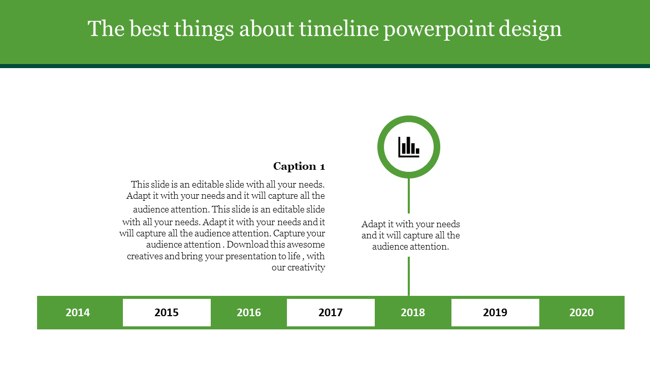 Timeline PowerPoint slide from 2014 to 2020 with a bar chart icon and a caption.