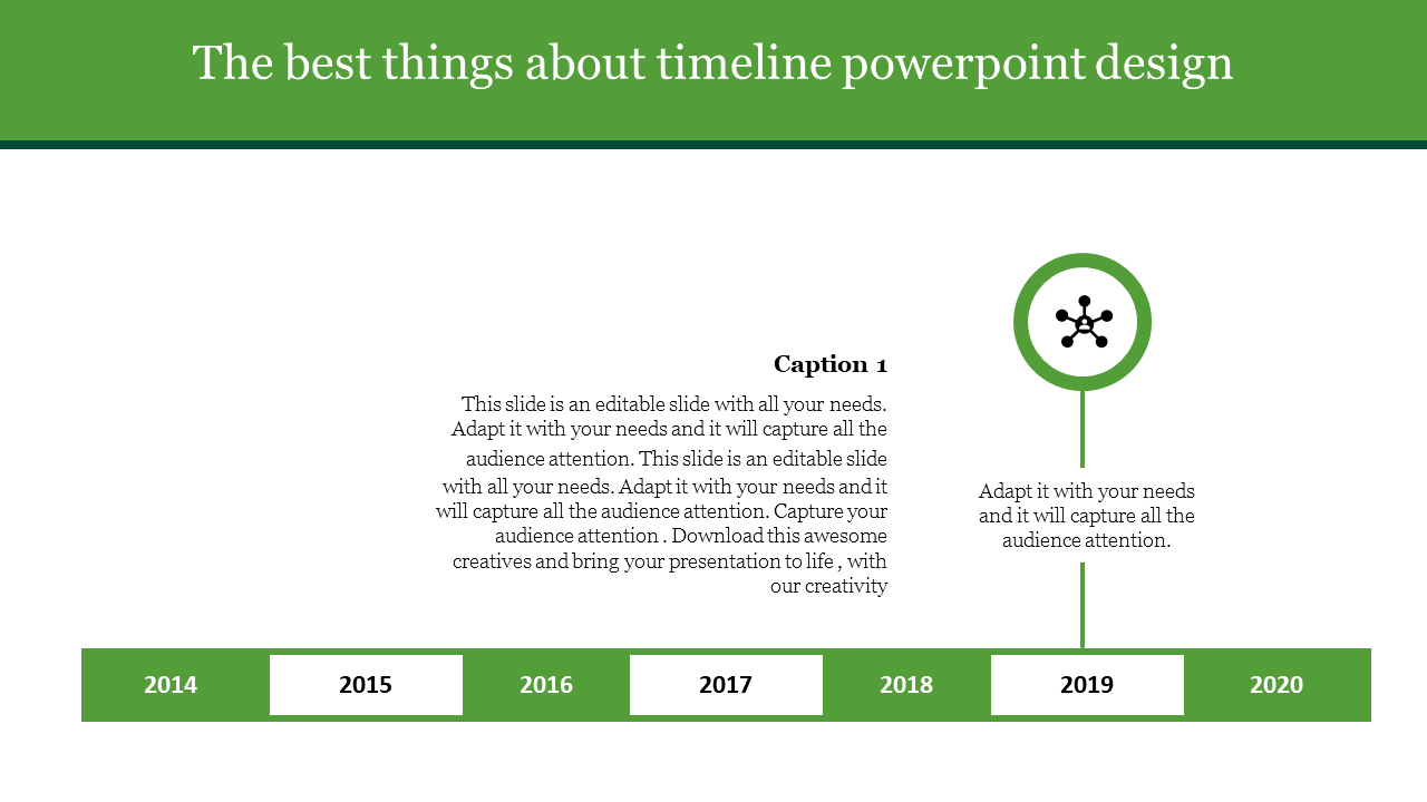 Horizontal timeline with green segments highlighting 2019 with a network node icon and descriptive caption.