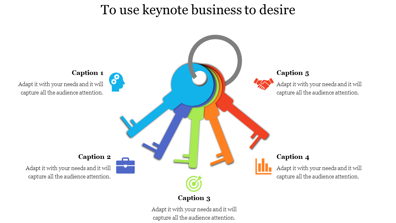 Visual presentation of five keys in blue, purple, green, orange, and red, symbolizing business ideas with matching captions.