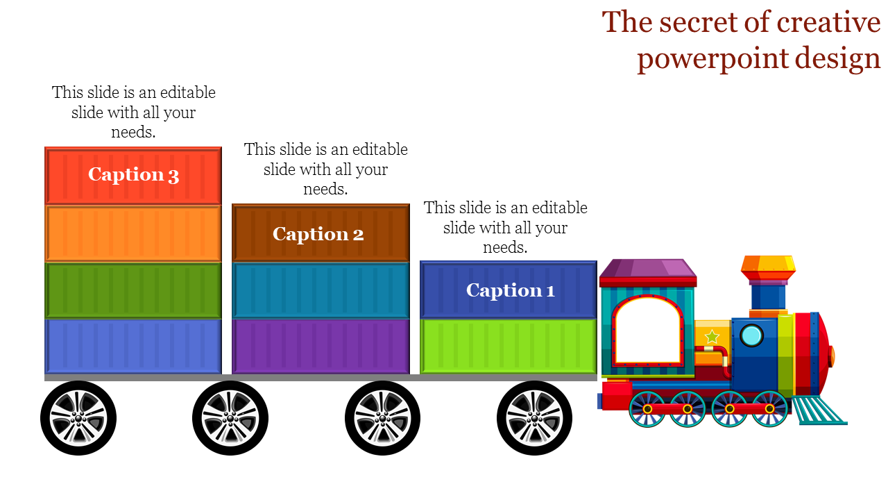 Creative PowerPoint slide featuring a colorful train with stacked cargo containers, each labeled with a numbered caption.