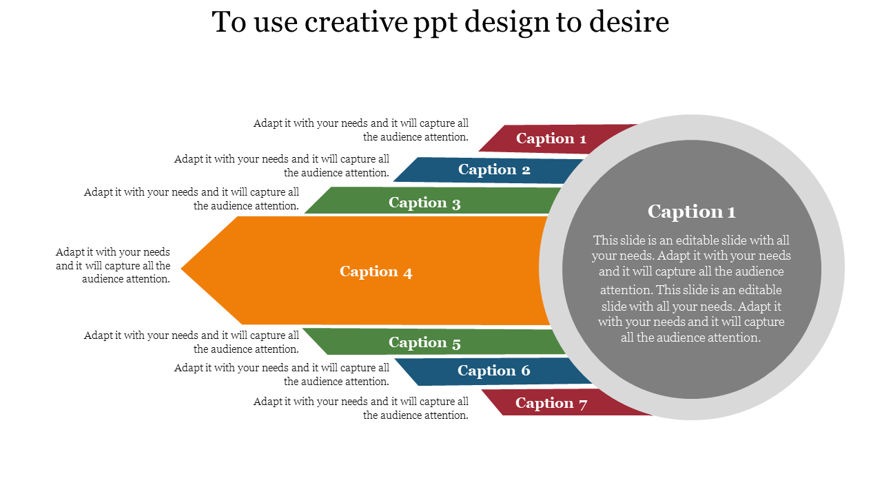 Slide showcasing a creative design with multiple captions and a highlighted central section for emphasis.