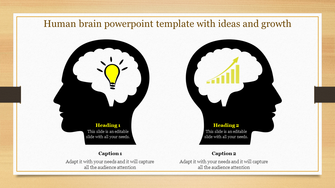 Two black head with brain outlines, with a lightbulb and a growth chart, on a white and beige background.