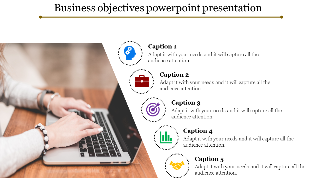 Business objectives slide featuring a person working on a laptop, with five numbered captions and icons for each objective.