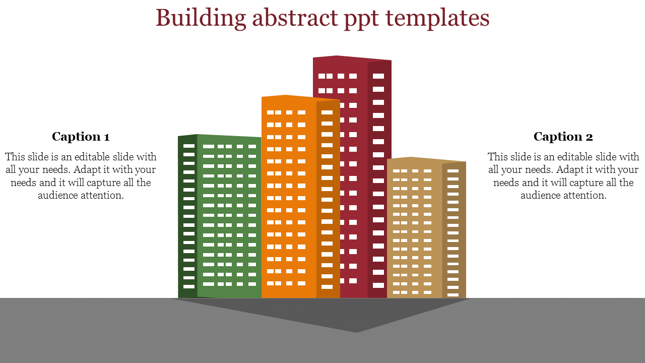 Illustration of colorful buildings in green, orange, red, and beige, set on a gray platform with two captions on both sides.