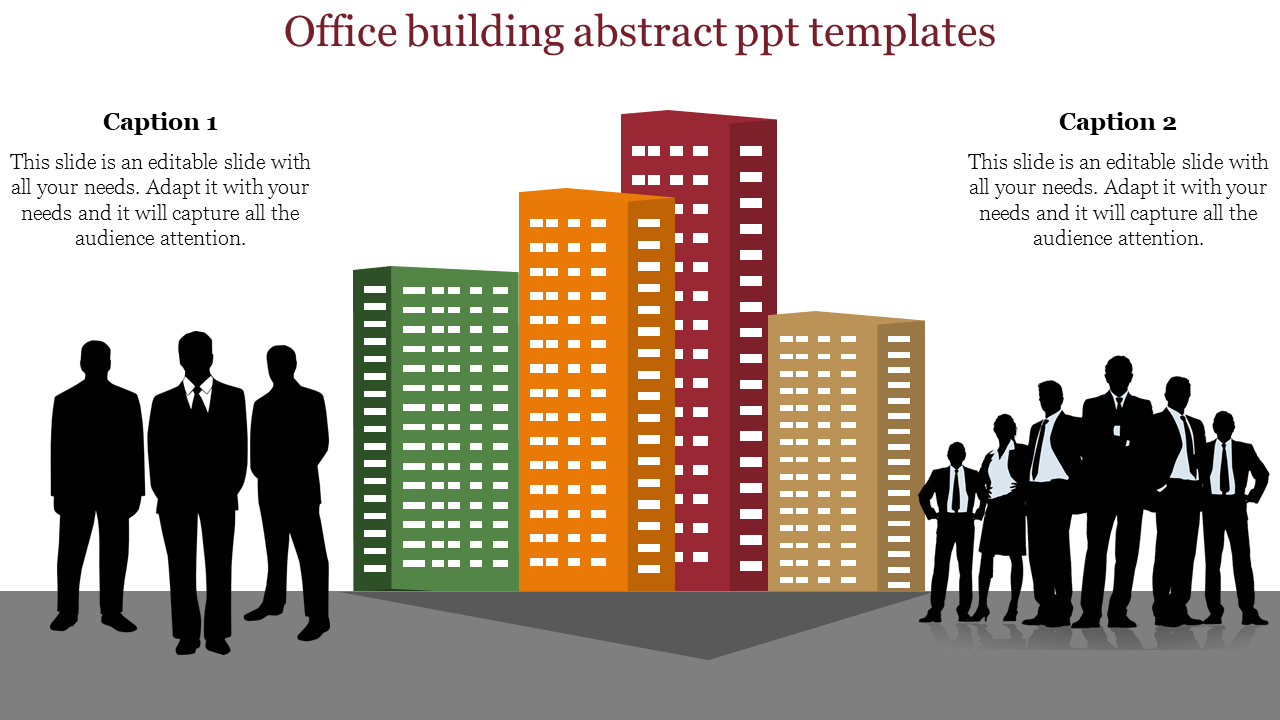 Abstract office building design with green, orange, red, and beige skyscrapers flanked by businesspeople silhouettes.