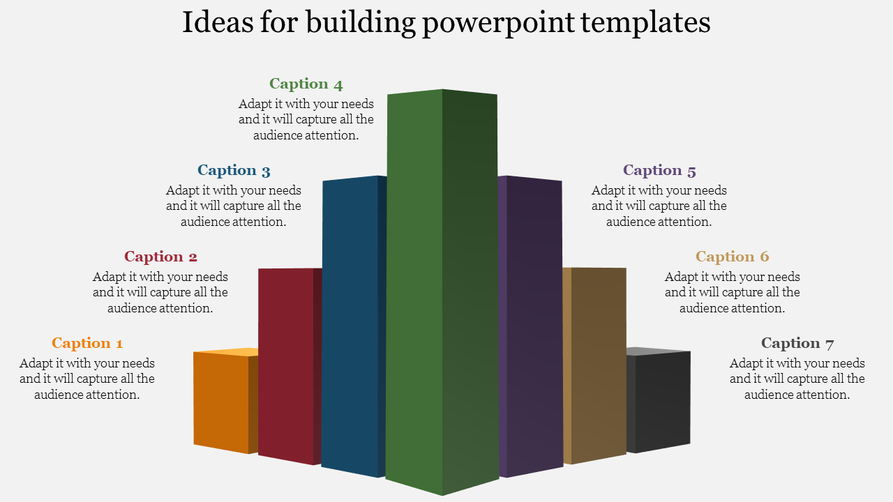 Ideas for building showing vertical 3D bar chart with seven color-coded blocks representing each with a caption area.