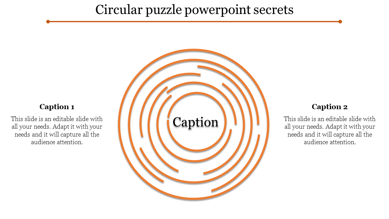 Circular puzzle PowerPoint slide with two captions on either side and concentric orange circles in the center.