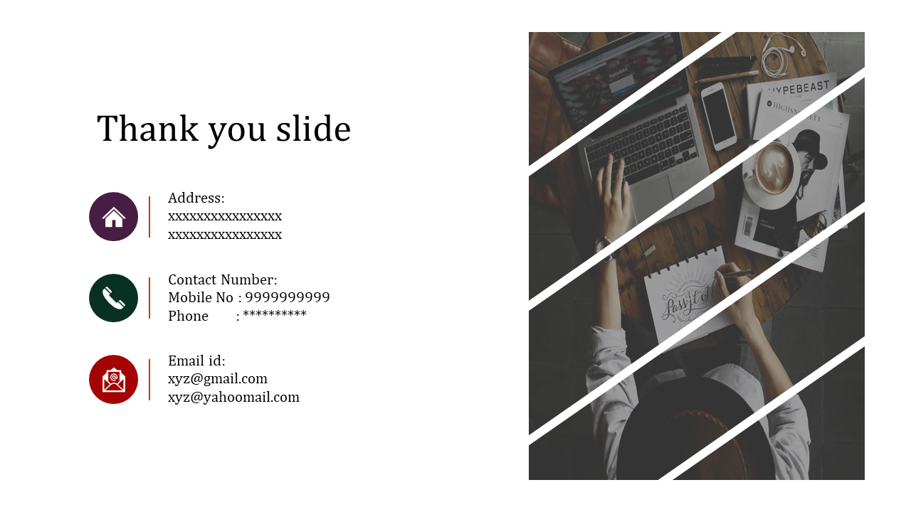 Thank you slide with contact details and a background image of a workspace with a person typing.