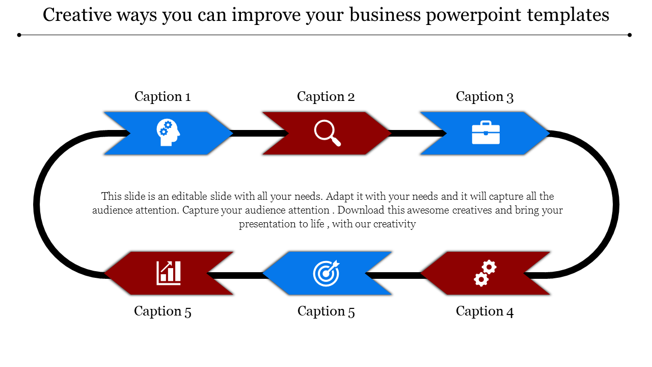 Creative business template with alternating blue and red arrows connected in a loop, each containing relevant icons.