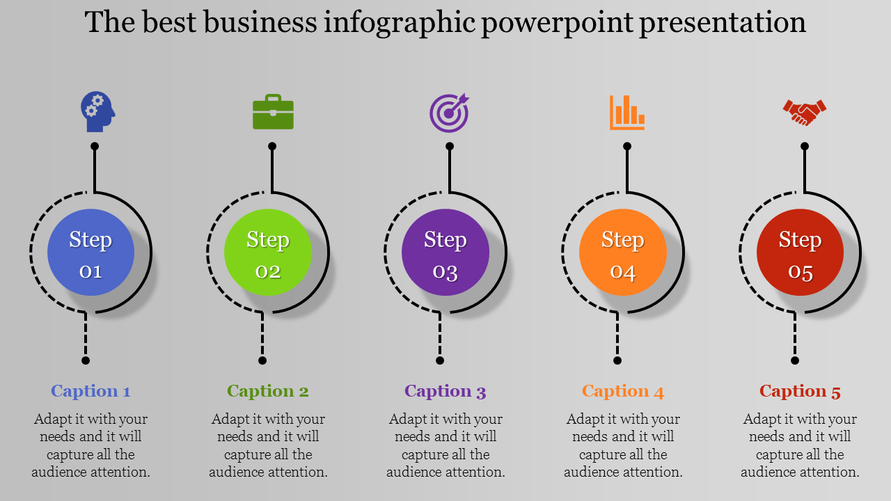 Infographic PPT slide with five steps, each represented by colorful icons for gear, briefcase, target, bar chart, and handshake.