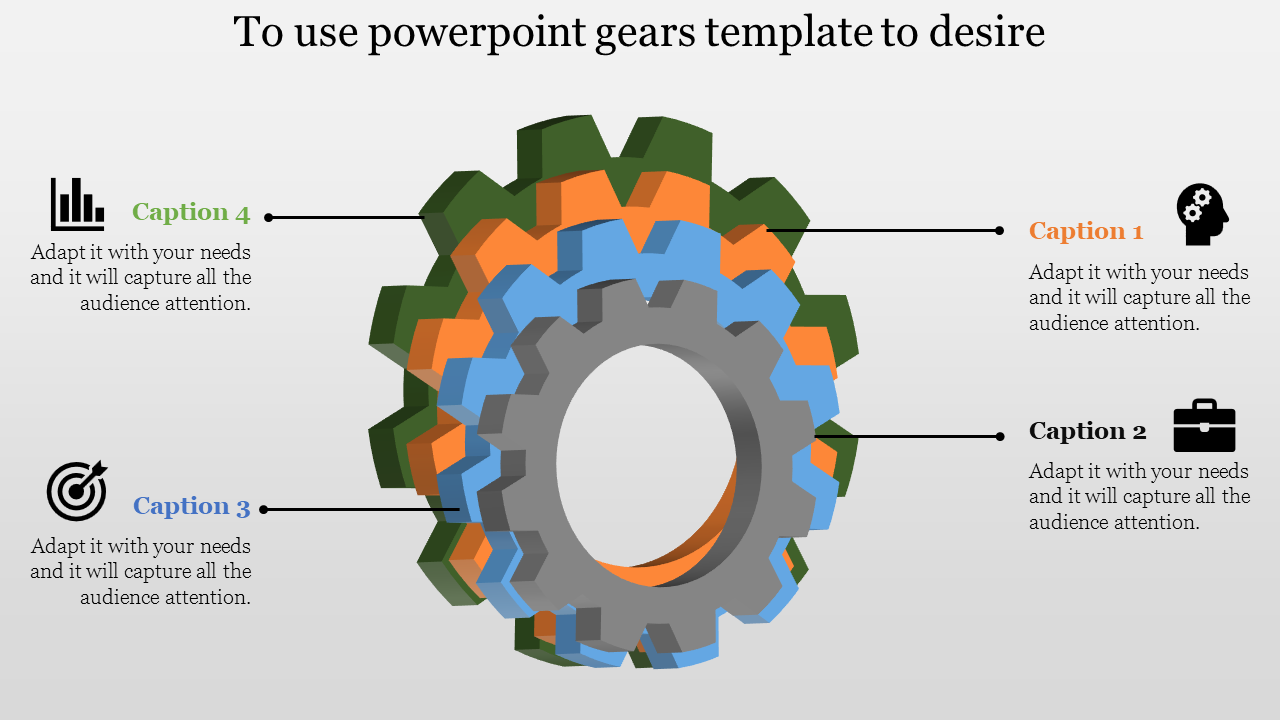 Stacked interlocking gears in gray, blue, orange, and green with labeled captions for descriptive insights.