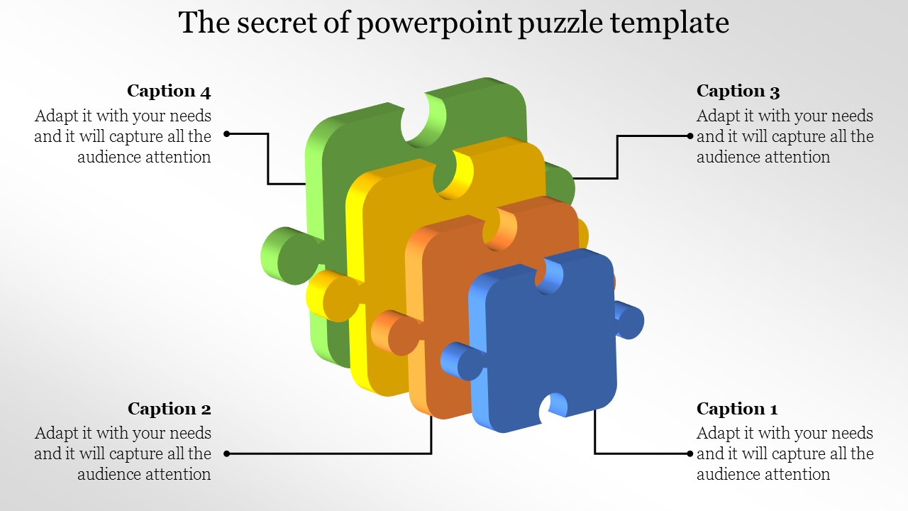 Puzzle PPT template showcasing colorful puzzle pieces with captions for each section.