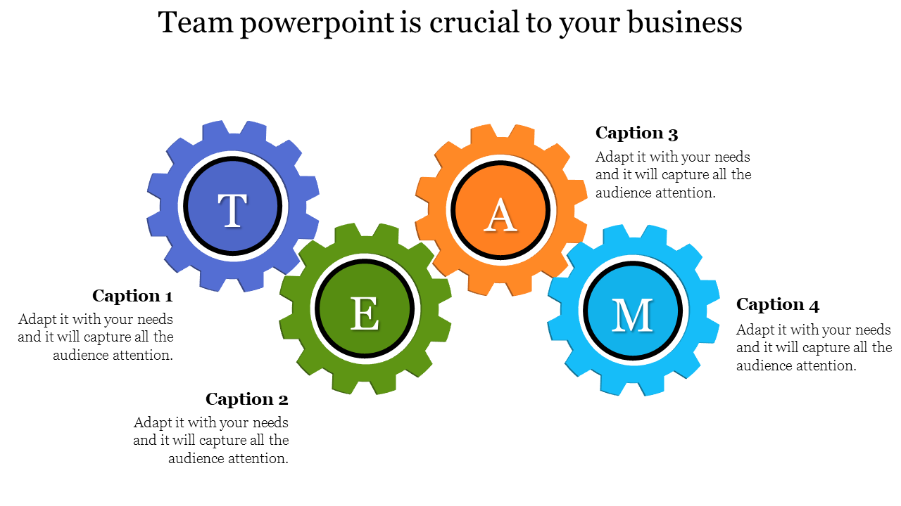 Mechanical gear setup featuring team acronym, with descriptive text highlighting the importance of collaboration.