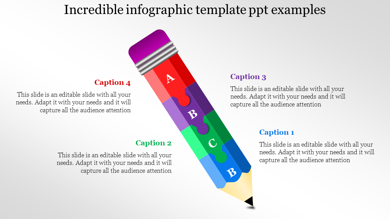 Pencil shaped infographic with segments in red, purple, green, and blue, each paired with captions.