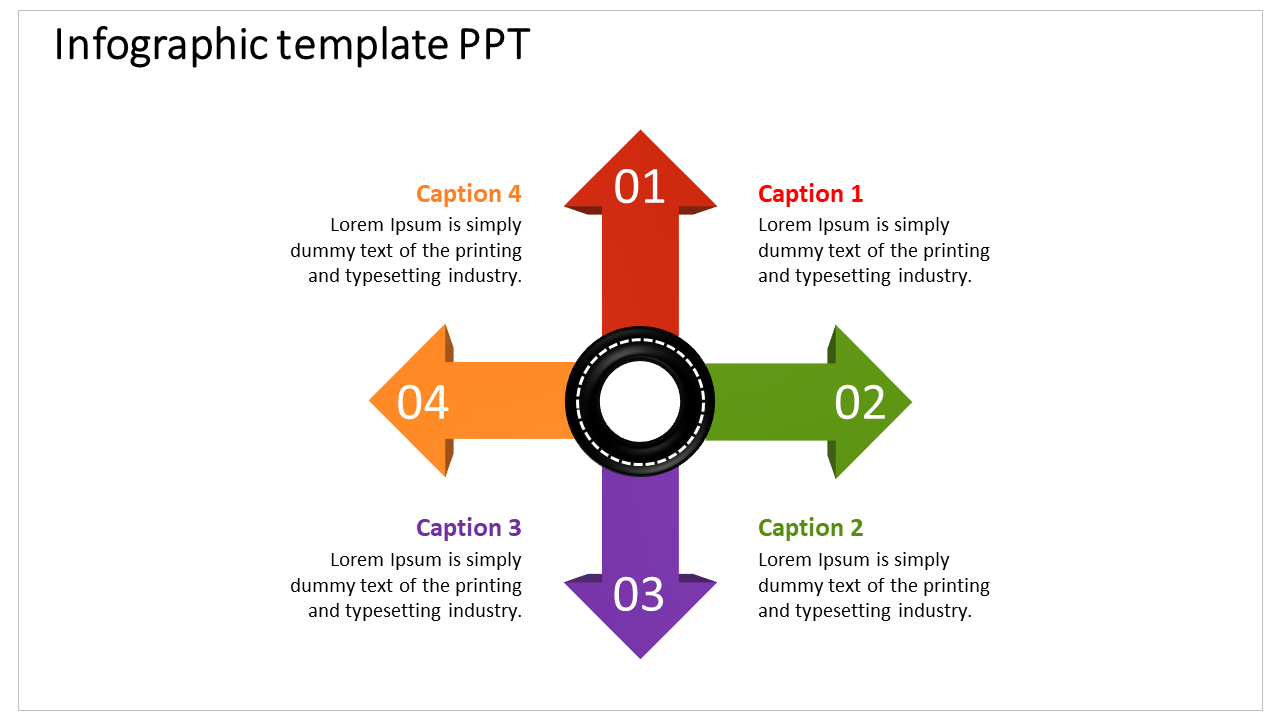 Cross infographic with four arrows pointing in different directions, numbered 01 to 04, in red, green, purple, and orange.