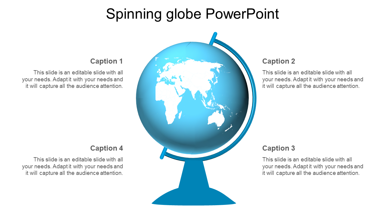 3D spinning globe with a focus on continents, surrounded by four numbered captions in a white backdrop.