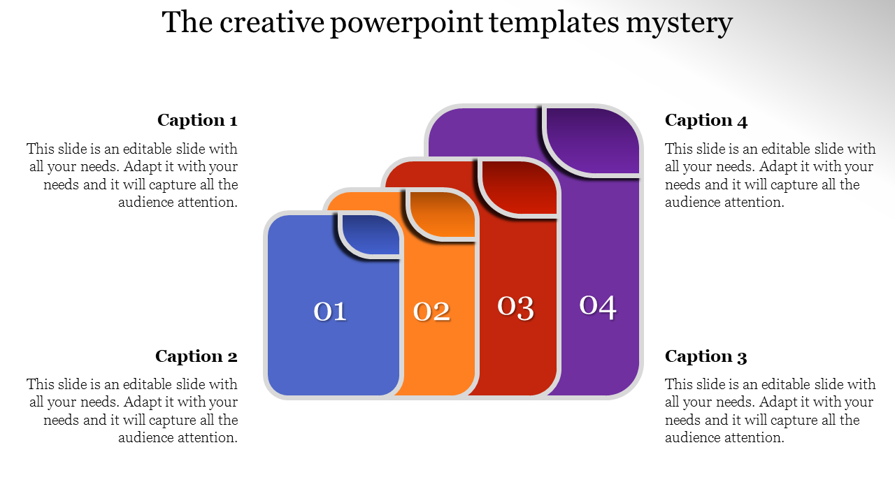 Creative layered rectangular templates in blue, orange, red, and purple, each labeled with a number.