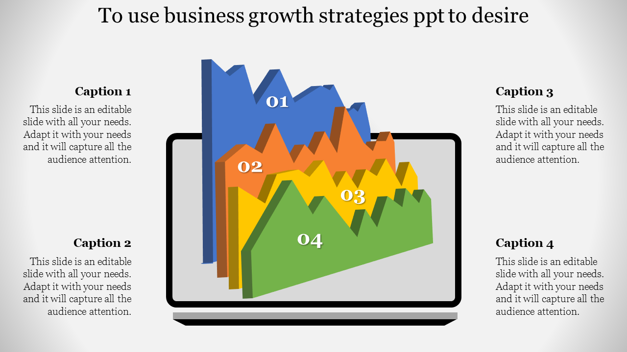 Multicolored graph showcasing business strategies within a digital frame holding four caption areas.