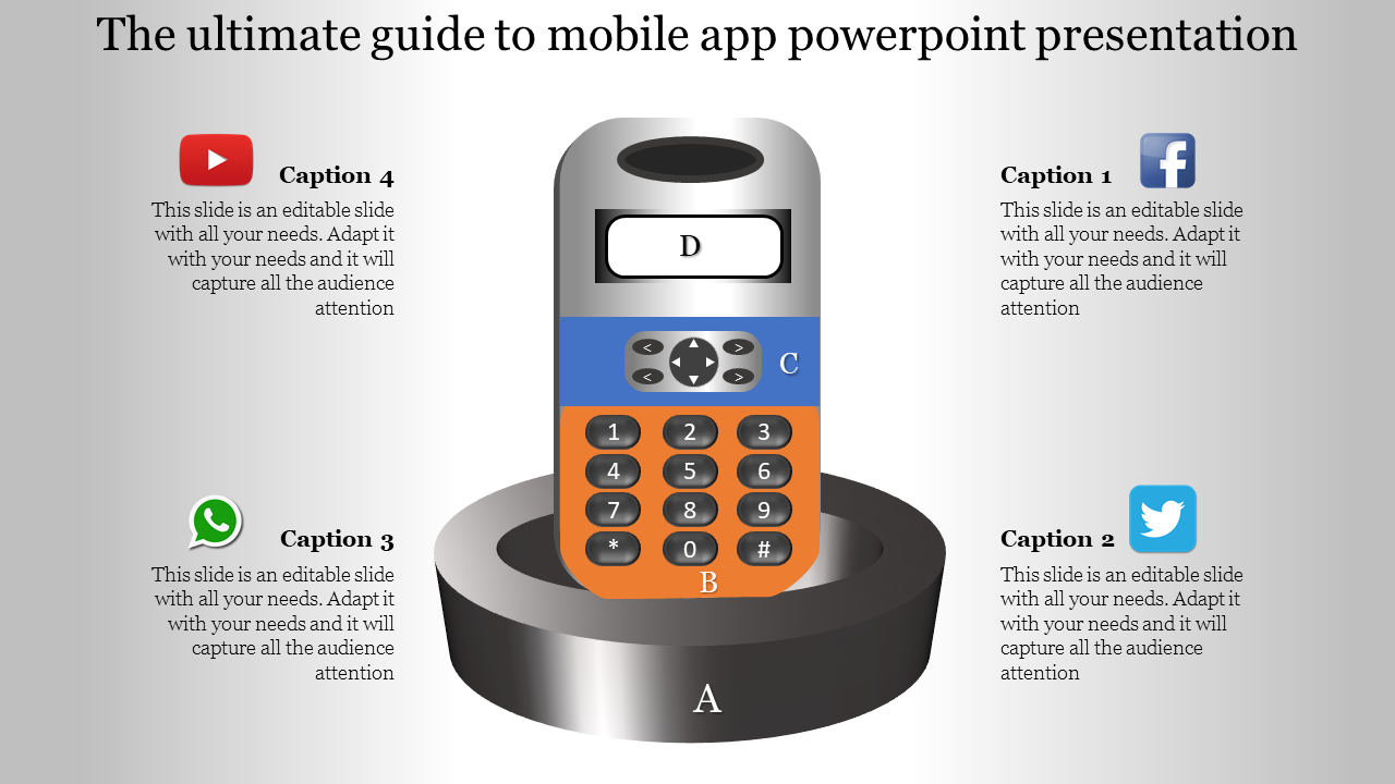 Mobile app PPT slide with a vintage mobile phone illustration and social media icons for Facebook, WhatsApp, and Twitter.