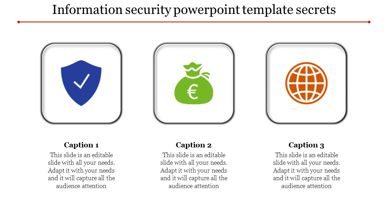 Information security icons including a shield, currency bag, and globe, with labeled sections beneath each icon.