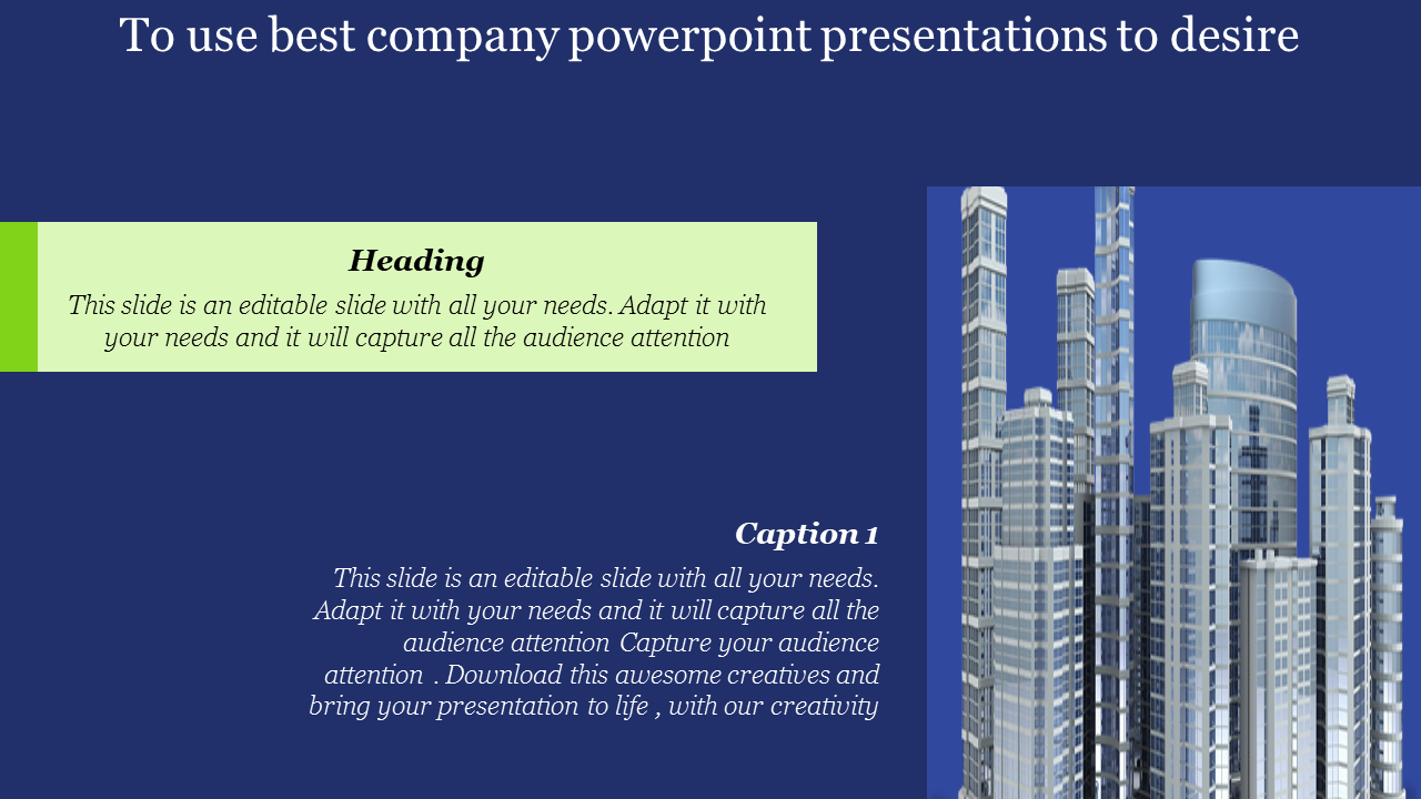 Modern buildings against a blue backdrop, featuring a green header section and white text areas for presentations.