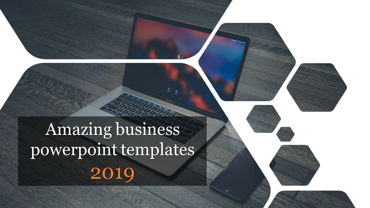 A business PowerPoint template with a 2019 theme, showcasing a laptop and modern design elements.