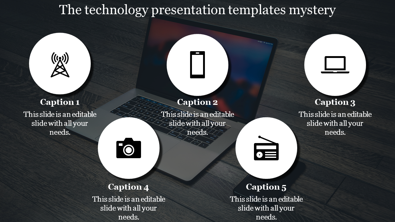 Technology presentation slide featuring icons for a radio tower, smartphone, laptop, camera, and radio with captions.