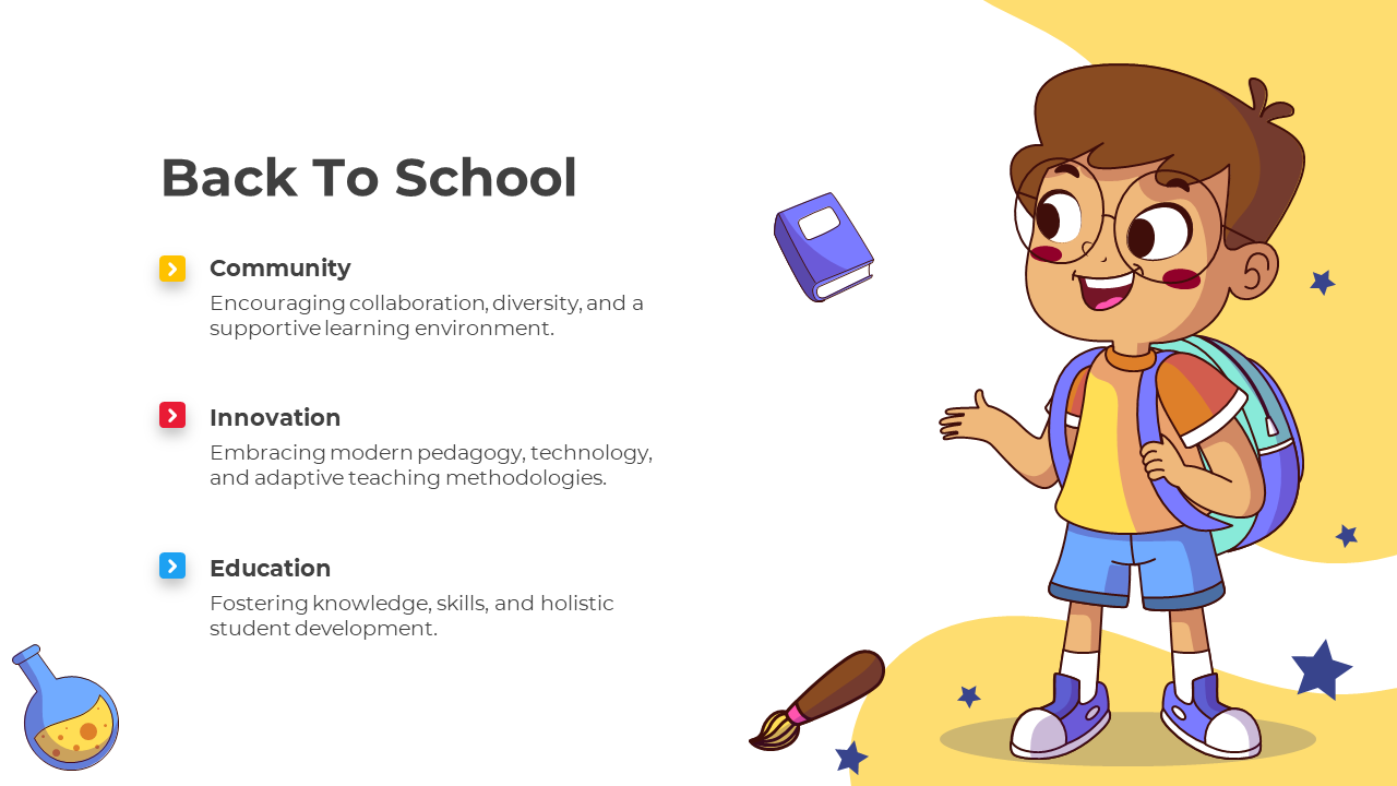 Back to school portfolio themed illustration with a cheerful boy carrying a backpack, surrounded by school icon.