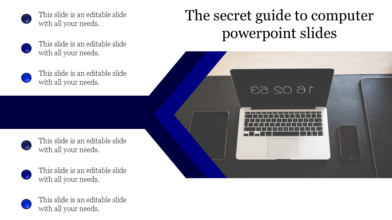 Modern template with a central blue arrow pointing to a desk setup including a laptop and mobile devices.