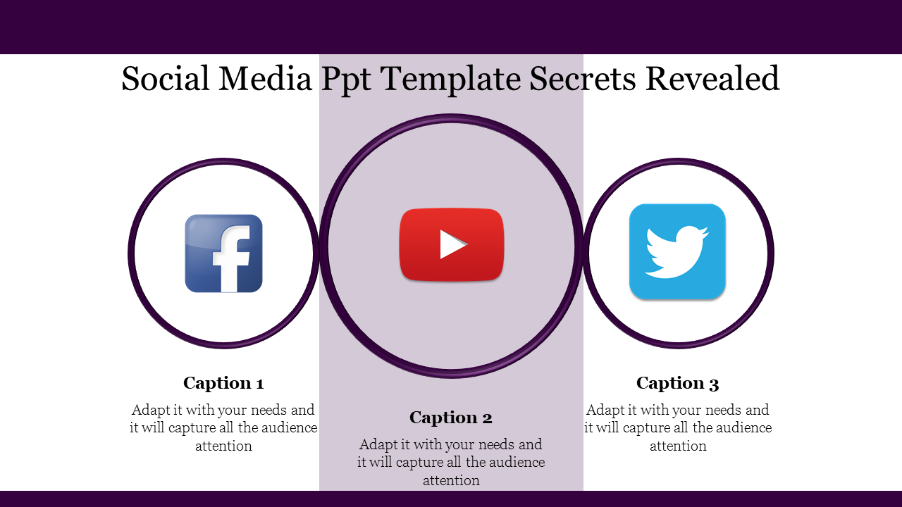 Social media PowerPoint template featuring Facebook, YouTube, and Twitter icons with captions.