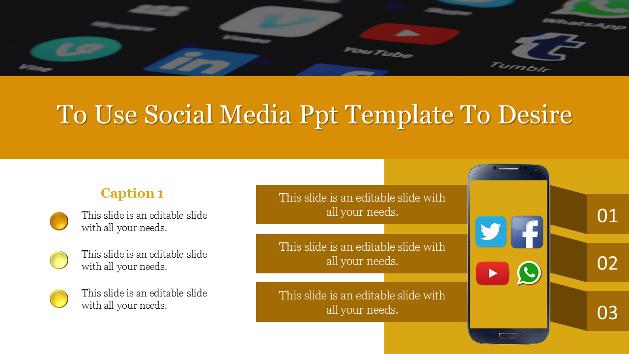 Modern social media template featuring app icons on a phone, a bold header, and three gold-highlighted text sections.