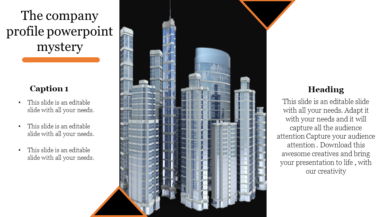 Modern slide layout with a 3D cityscape centerpiece and editable caption and heading blocks on a clean white background.