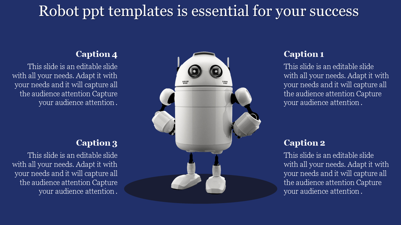 Slide design featuring a cute white robot in the middle, surrounded by four text placeholders on a blue backdrop.