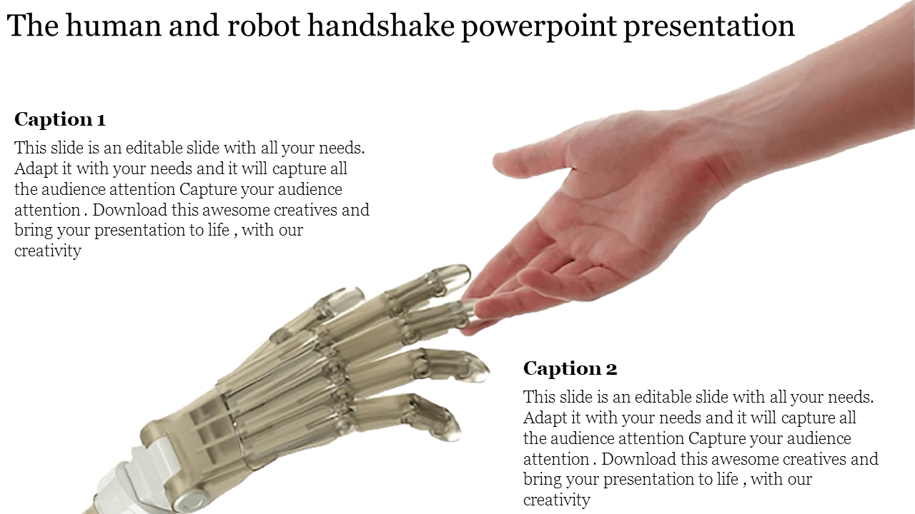 Template featuring a human hand reaching out to a robotic hand for a handshake with caption areas.