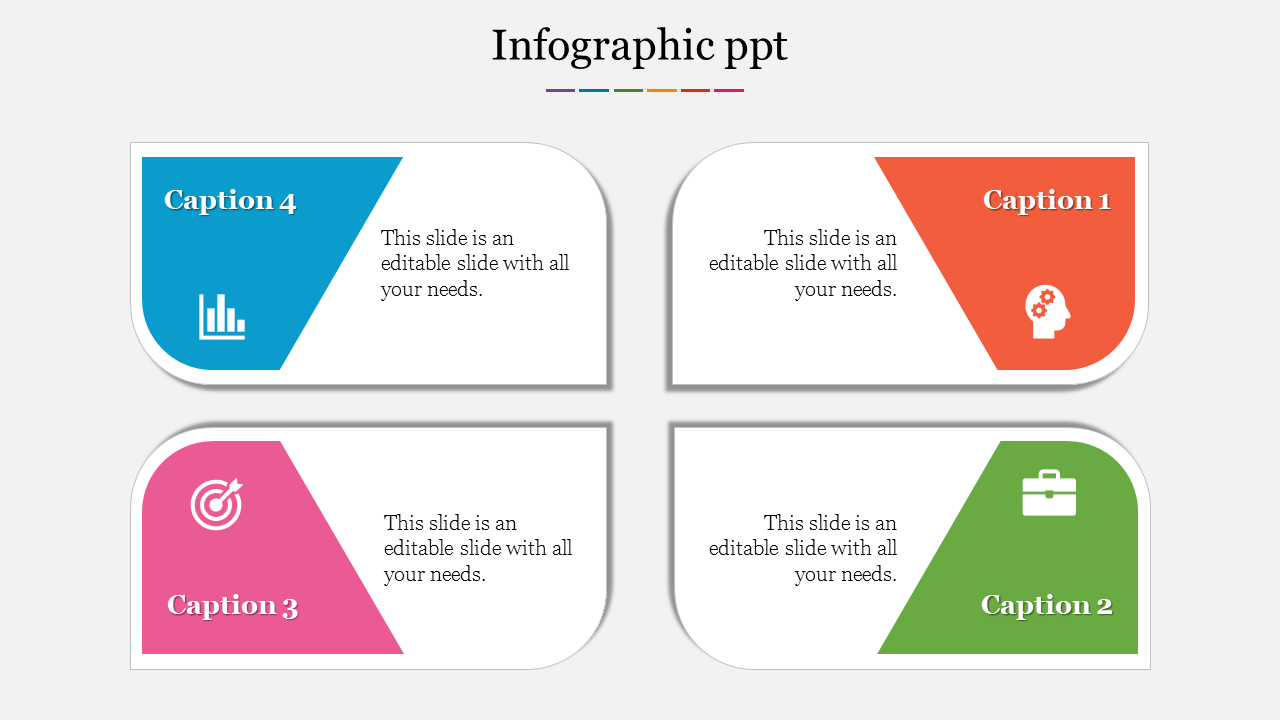 Infographic PowerPoint slide with four color coded sections and icons for data, ideas, targets, and business.